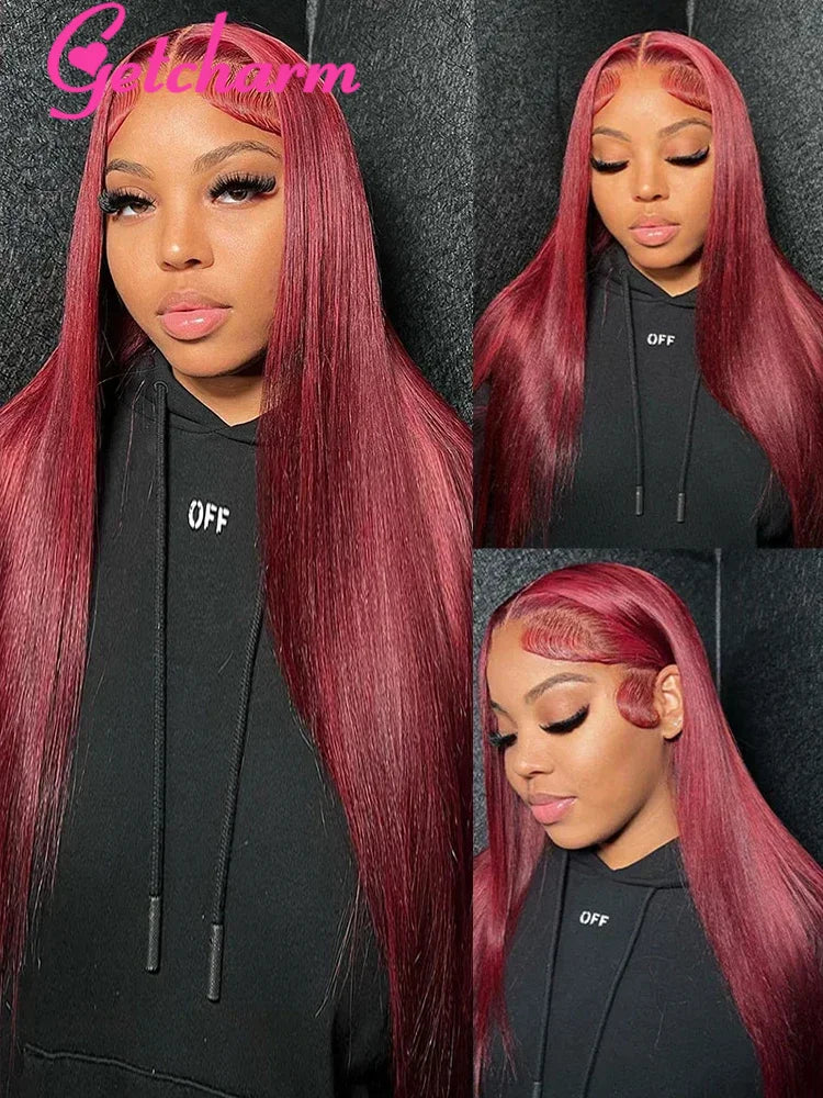 99J Burgundy Straight 13x4 Lace Front Human Hair Wigs Brazilian Hair Pre-Plucked Red Color Straight Lace Frontal Wigs For Women
