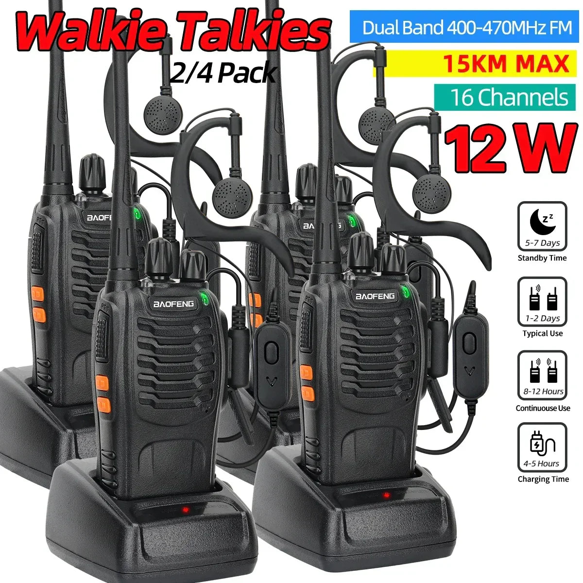 (Pack of 4) 2/ Baofeng BF-888S 12W Walkie Talkie Dual Band Portable Long Range Standby UHF 400-470MHz USB Ham Two Way Radio for Hunting