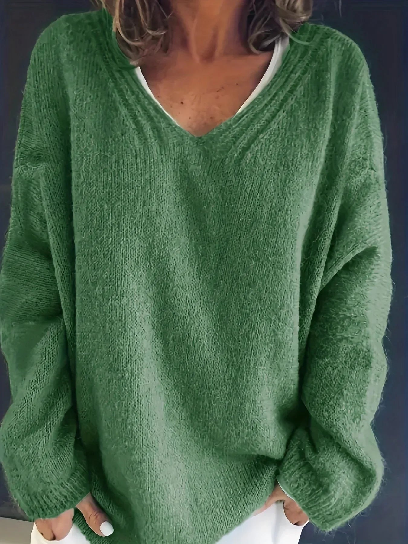 Plus Size Casual Sweater, Women's Solid Long Sleeve V Neck High Stretch Loose Fit Pullover Jumper,Autumn & Winter Tops