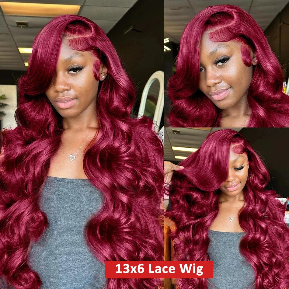 Tewjig 250 Density 99J Burgundy 13x6 Lace Frontal Wigs Remy Body Wave 30 40 Inch HD Transparent Human Hair Wigs For Women