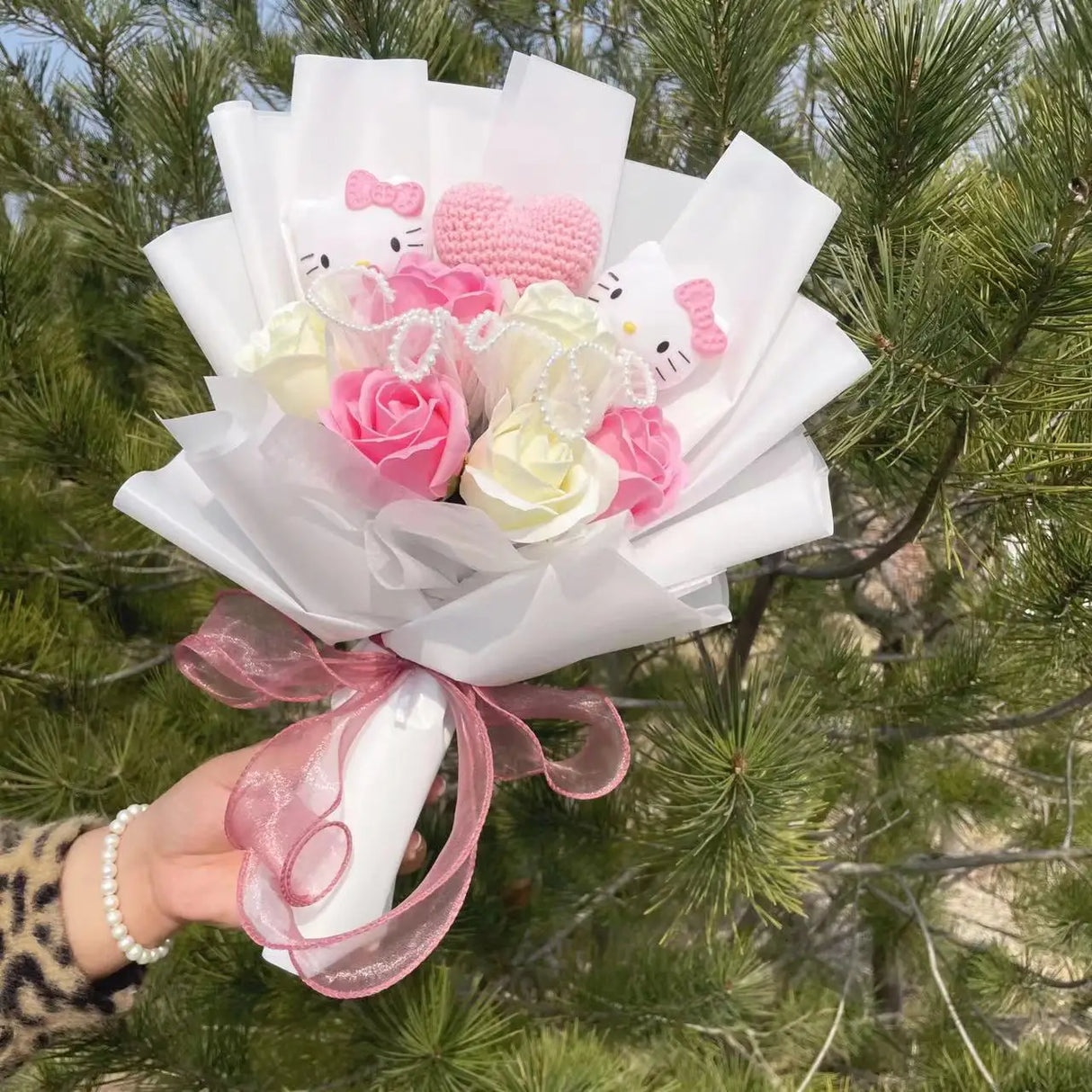 Kawaii Hello Kitty Cat Plush Dolls Rose Soap Flowers Bouquet Christmas Valentine's Day Birthday Graduation Gifts