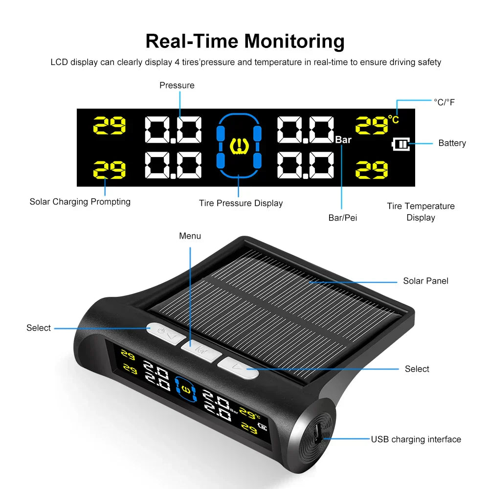 Solar Car TPMS Tire Pressure Alarm Digital Colorful Display 4 External Sensors Waterproof Tire Presssure Monitoring System