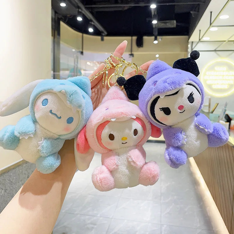 Kawaii Sanrio Plush Keychain Hello Kitty Kuromi Cinnamoroll Melody Plush Toys Doll Dinosaur Series Pendant Decor Kids Toys Gift