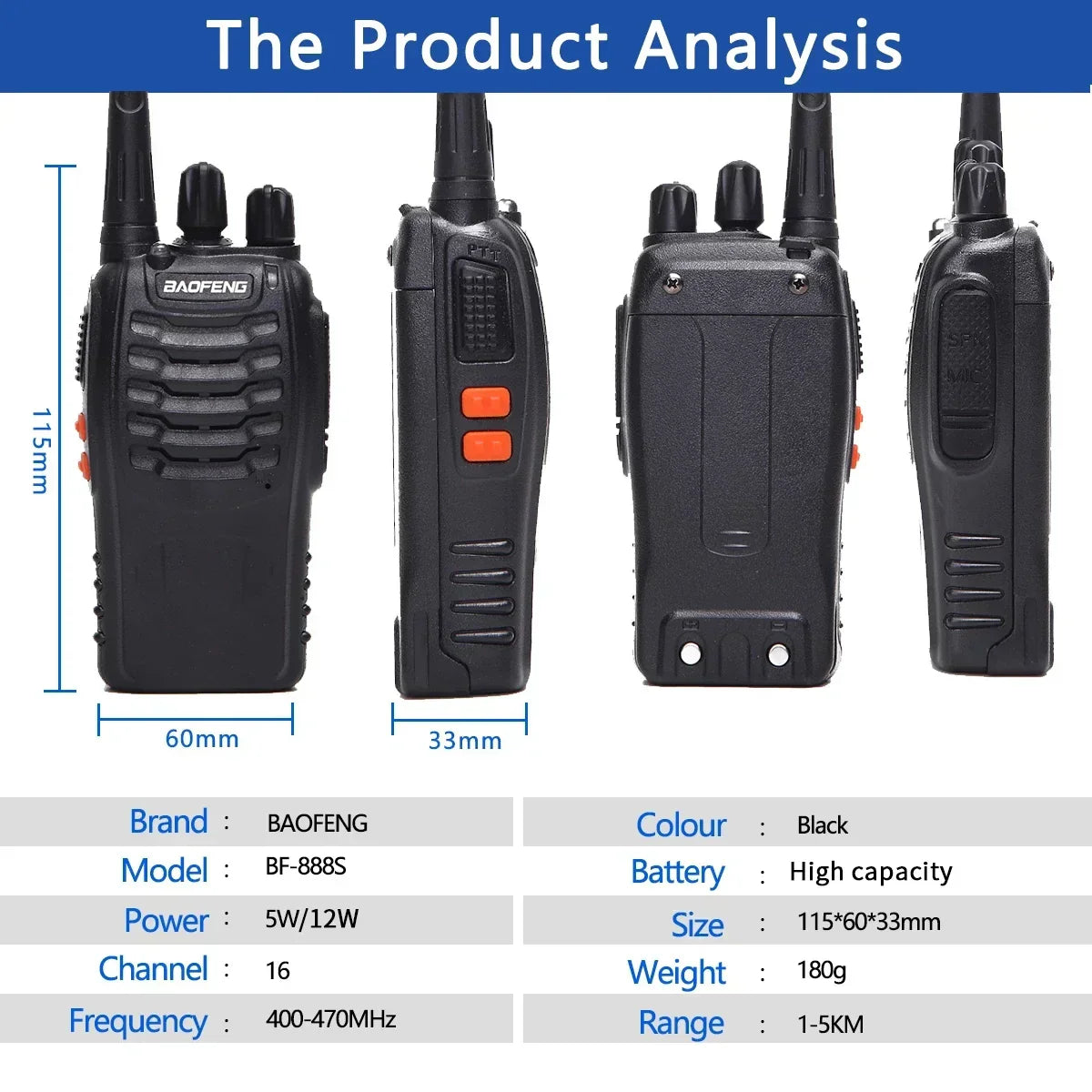 (Pack of 4) 2/ Baofeng BF-888S 12W Walkie Talkie Dual Band Portable Long Range Standby UHF 400-470MHz USB Ham Two Way Radio for Hunting