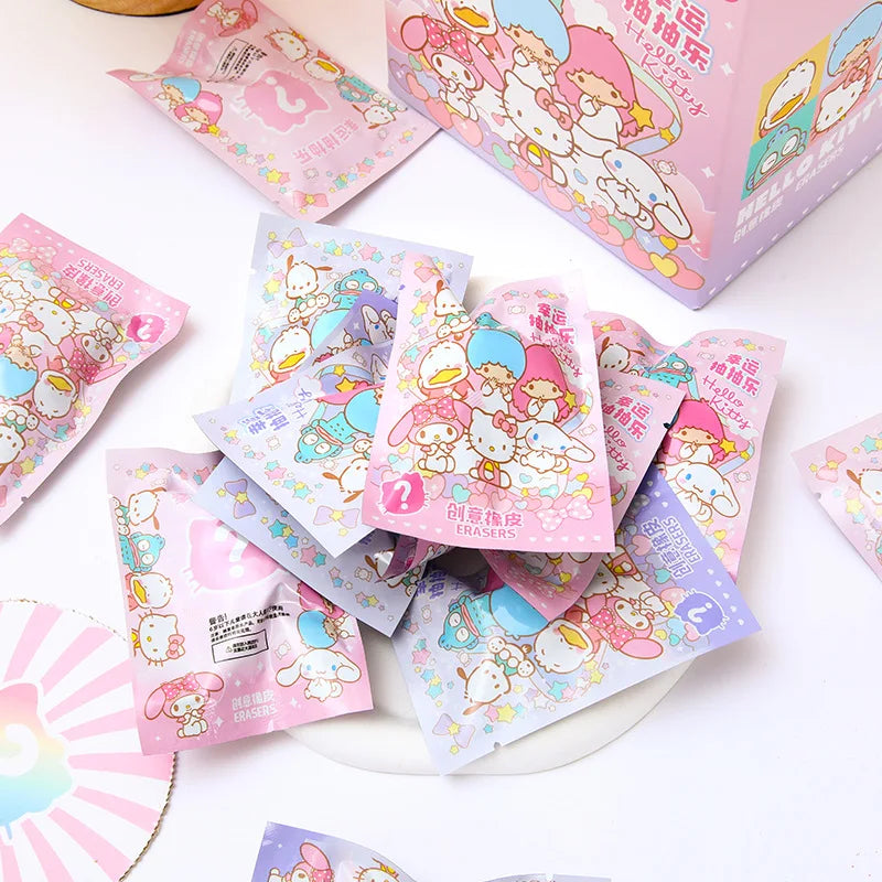 (Pack of 32) /Box Sanrio Blind Box Doll Pencil Eraser Hello Kitty Melody Pochacco Erasers Mystery Box Student Stationery Birthday Gift