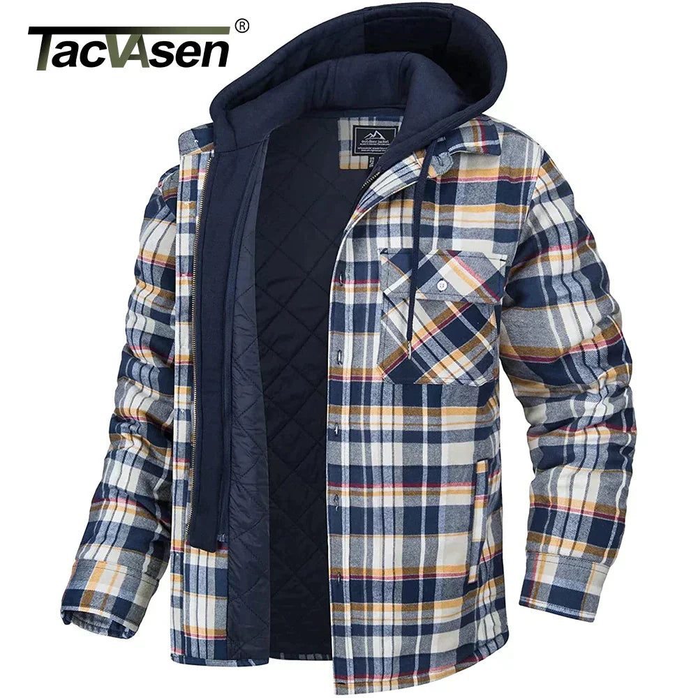 TACVASEN Men's Flannel Shirt Jacket with Removable Hood Plaid Quilted Lined Winter Coats Thick Hoodie Outwear Man Fleece Shirts