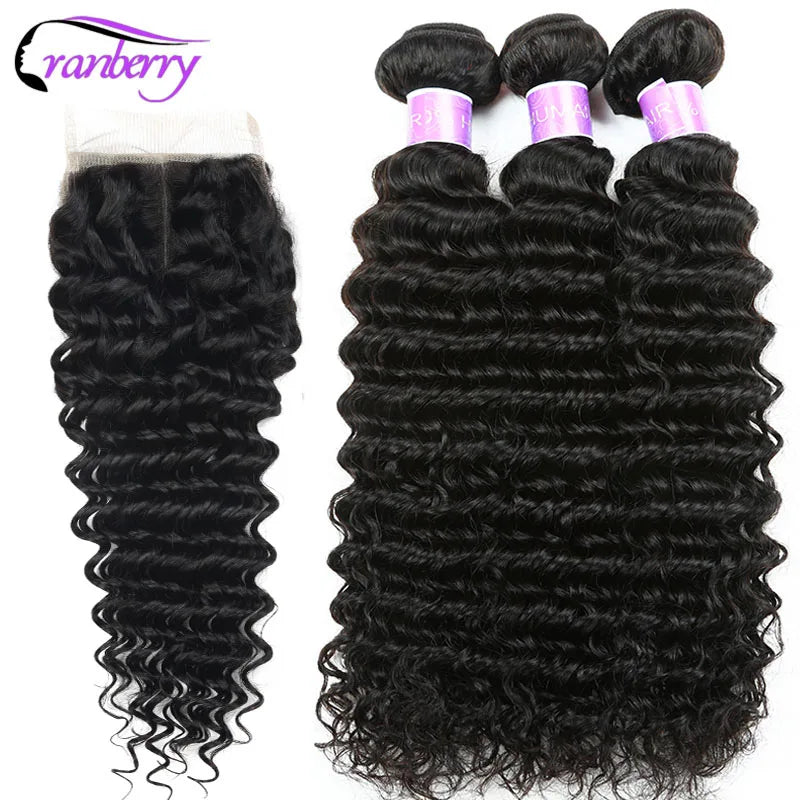 (Pack of 4) CRANBERRY Hair Deep Wave Human Hair Bundles With Closure /lot Brazilian Hair Weave Bundles With Closure Remy Hair Extension