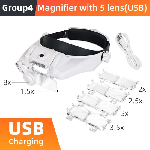 LED Headband Magnifier Hands Free Magnifying Glasses For Jewelry Loupe Watch Electronic Repair 1.5x2x2.5x3x3.5x8x Lens Loupe