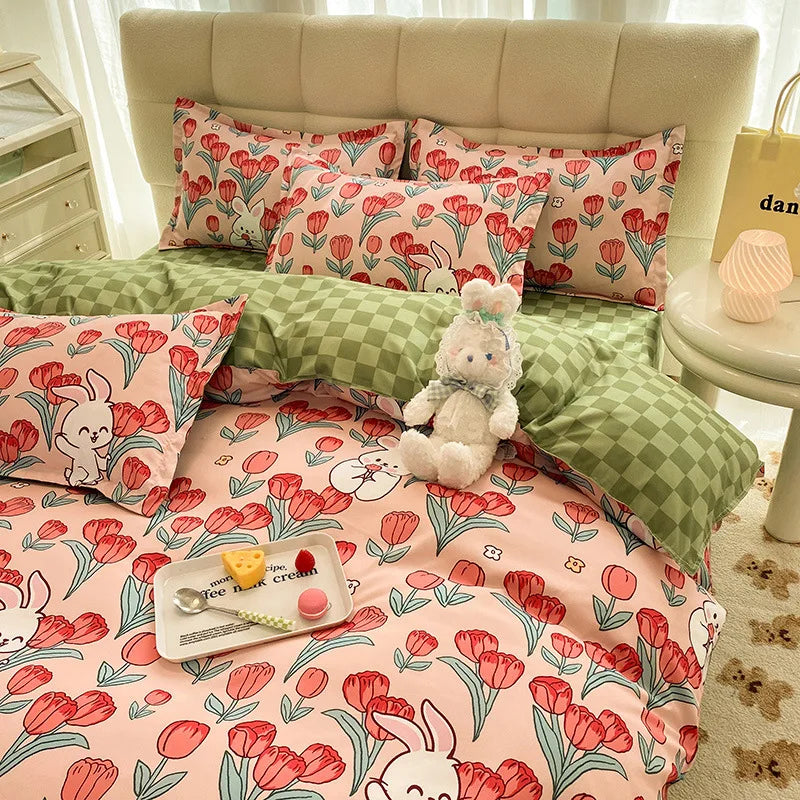 Cute Bedding Set Men Women Duvet Cover Bed Linen Washed Cotton Mirco Fiber Comforter Set Twin Queen King Couple Double Bed Sheet