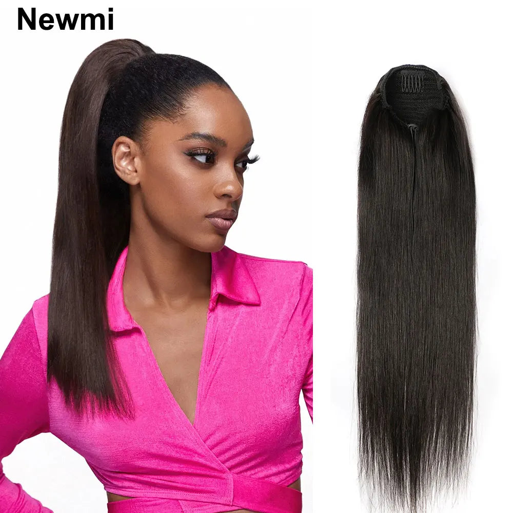 Straight Ponytail Extensions Human Hair Newmi Natural Black Drawstring Ponytail Human Hair Extension for Women 100-130g/pc