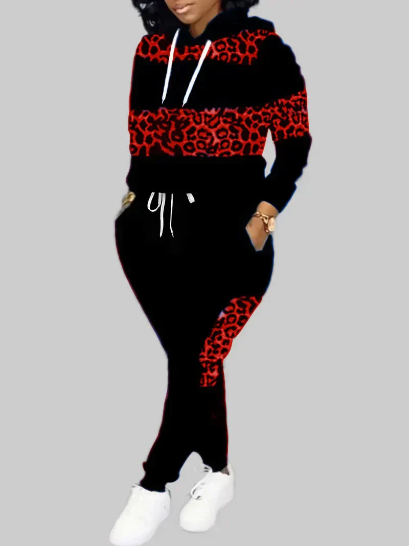 LW Plus Size Autumn Women Long Sleeves Two Pieces Hooded Collar Leopard Print Tracksuit Set Sweatshirts Pullover Hoodies Pant