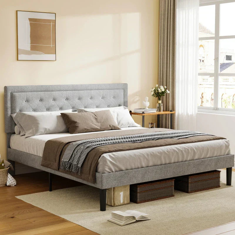 Light Grey Bed Frame with Adjustable Border Headboard King/Queen/Full Size,Bedroom double bed, adult and adolescent bed