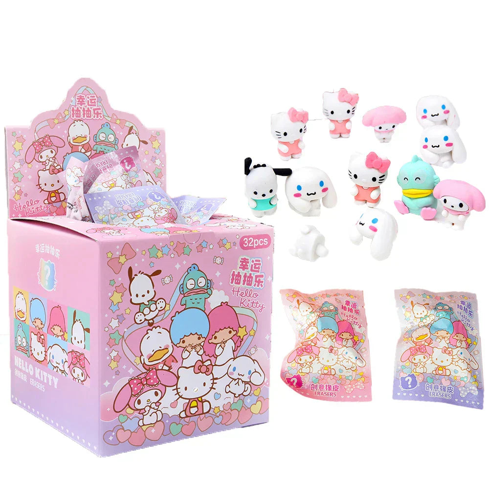 (Pack of 32) /Box Sanrio Blind Box Doll Pencil Eraser Hello Kitty Melody Pochacco Erasers Mystery Box Student Stationery Birthday Gift