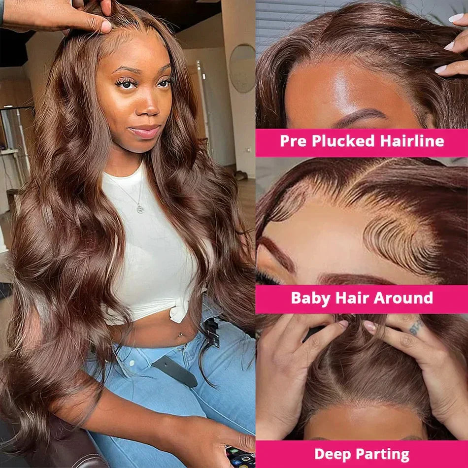 HD Chocolate Brown 13x4 Body Wave Lace Front Wig Glueless Brazilian Brown 13x6 Lace Frontal Wigs For Women Human Hair Preplucked