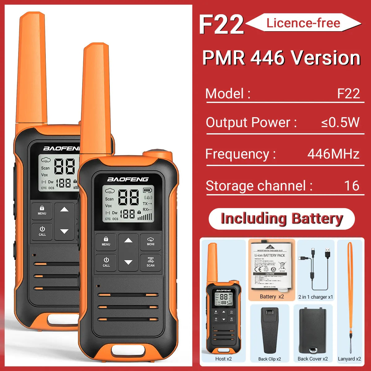 (Pack of 2) Baofeng F22 Walkie Talkie Portable Mini Communication Radio Profesional PMR446 /FRS Talkie Walkies Transceiver Radio