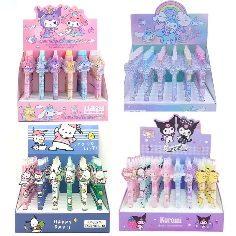 (Pack of 48) Sanrio Gel Pen New Lovely Hello Kitty Cinnamoroll Acrylic Patch Melody Cartoon Students Cute Supplies Stationery Wholesale