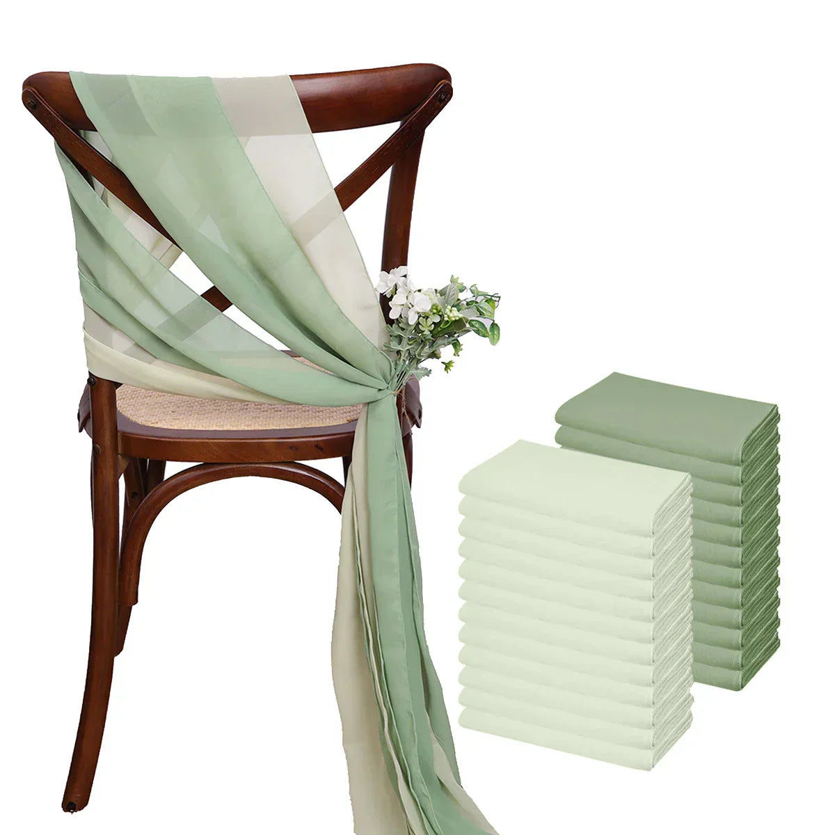 (Pack of 24) 17x275cm Chiffon Chair Sashes 12 Set Sage green Chair Sash Wedding Chair Covers Ribbon Wedding Party Aisle Chair Decor