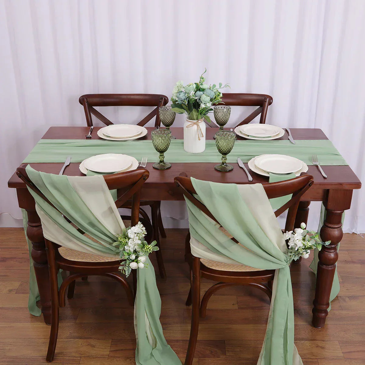 (Pack of 24) 17x275cm Chiffon Chair Sashes 12 Set Sage green Chair Sash Wedding Chair Covers Ribbon Wedding Party Aisle Chair Decor