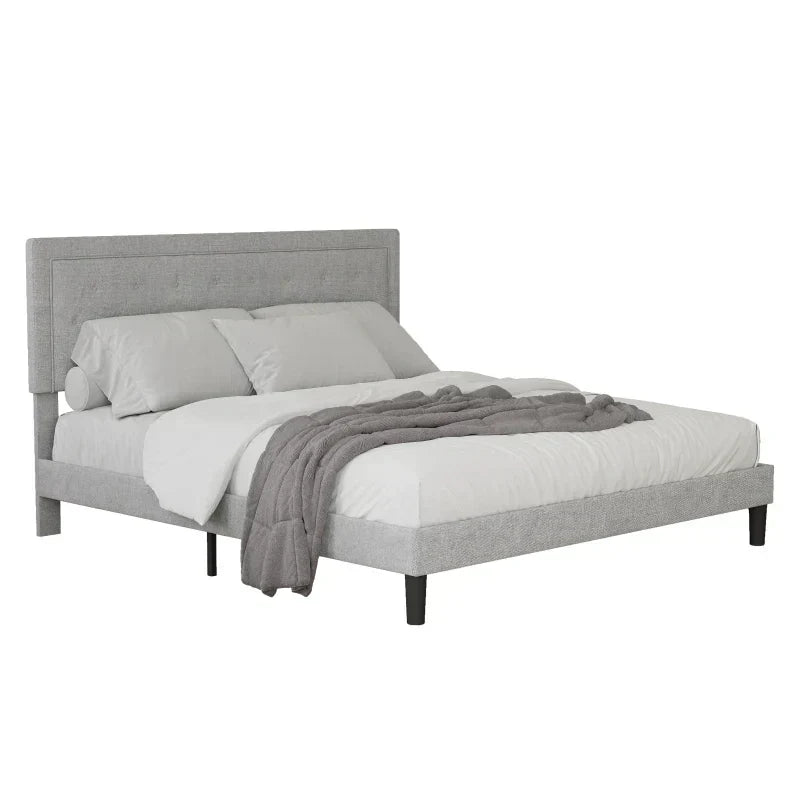 Light Grey Bed Frame with Adjustable Border Headboard King/Queen/Full Size,Bedroom double bed, adult and adolescent bed
