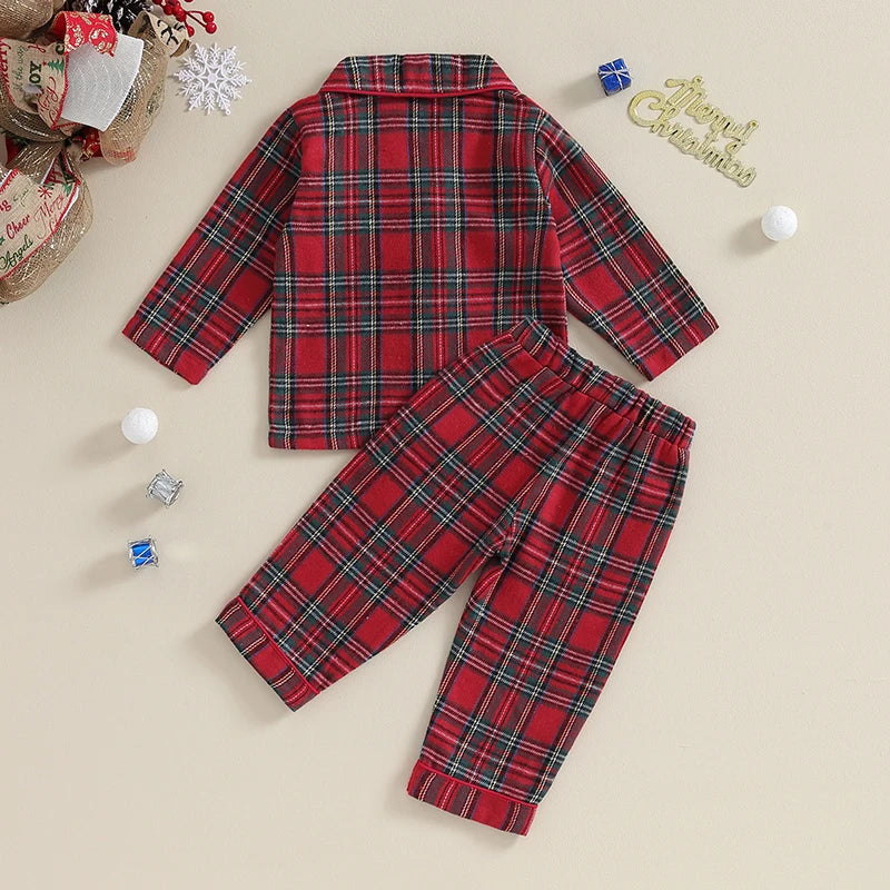(Pack of 2) Christmas Kids Girls Boys Pajamas Set Loungewear Suit Plaid Button up Long Sleeve Shirt and Elastic Pants Toddler Sleepwear