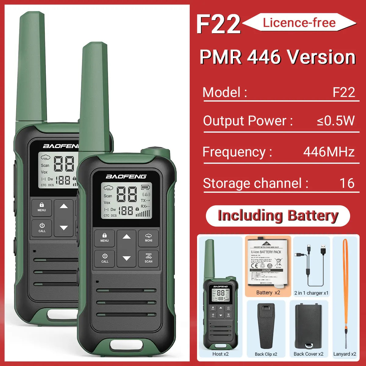 (Pack of 2) Baofeng F22 Walkie Talkie Portable Mini Communication Radio Profesional PMR446 /FRS Talkie Walkies Transceiver Radio