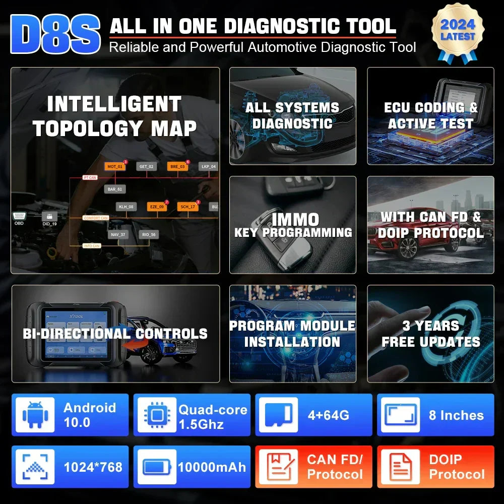 XTOOL D8S All System Car Diagnostic Tools ECU Coding Active Test Key Programmer 38 Service Topology Mapping With CAN FD DOIP