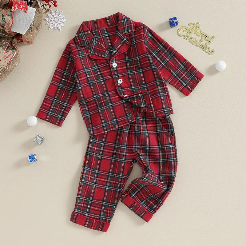 (Pack of 2) Christmas Kids Girls Boys Pajamas Set Loungewear Suit Plaid Button up Long Sleeve Shirt and Elastic Pants Toddler Sleepwear
