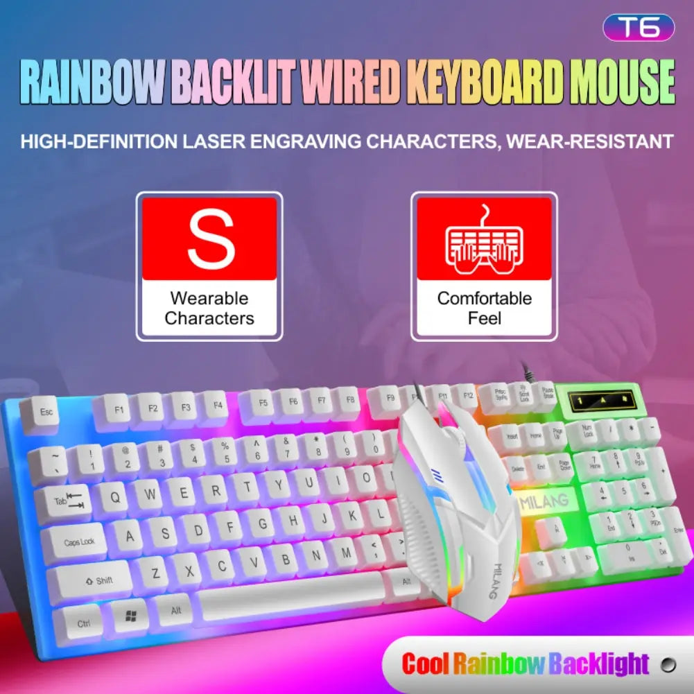 Rainbow Backlit Wired Keyboard and Mouse,Floating Keycap Strong, Wear-resistant, Comfortable Feel Keyboard for Business Office