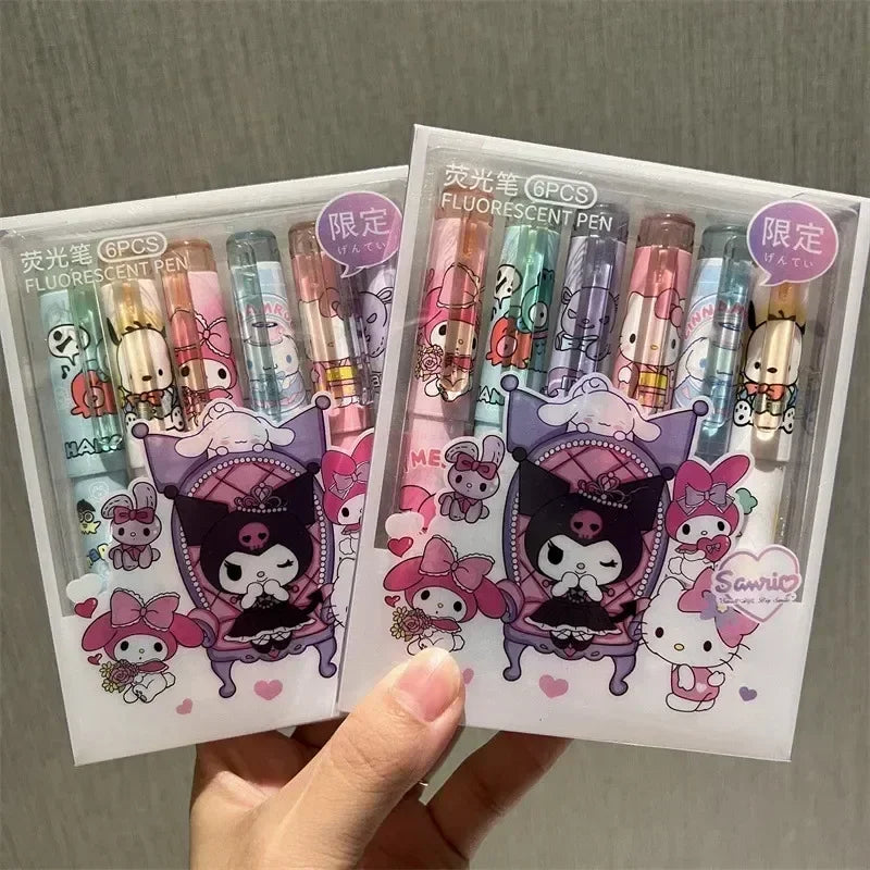(Pack of 12) Sanrio 6/ Highlighter New Lolita Series Hello Kitty Kuromi Cute Graffiti Painting Pens Classroom Markers Student Stationery