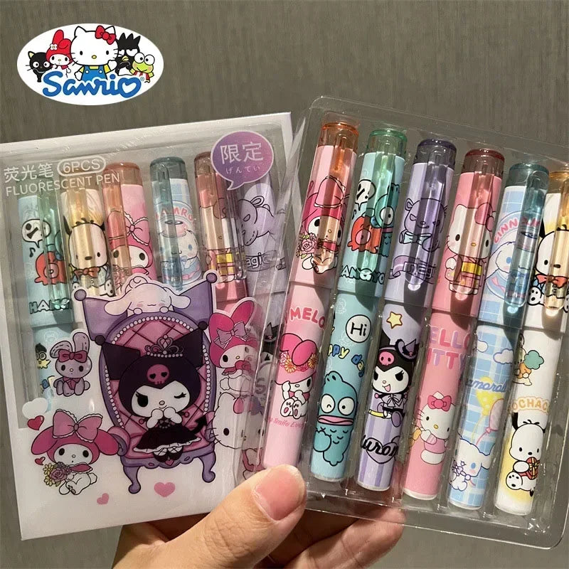 (Pack of 12) Sanrio 6/ Highlighter New Lolita Series Hello Kitty Kuromi Cute Graffiti Painting Pens Classroom Markers Student Stationery