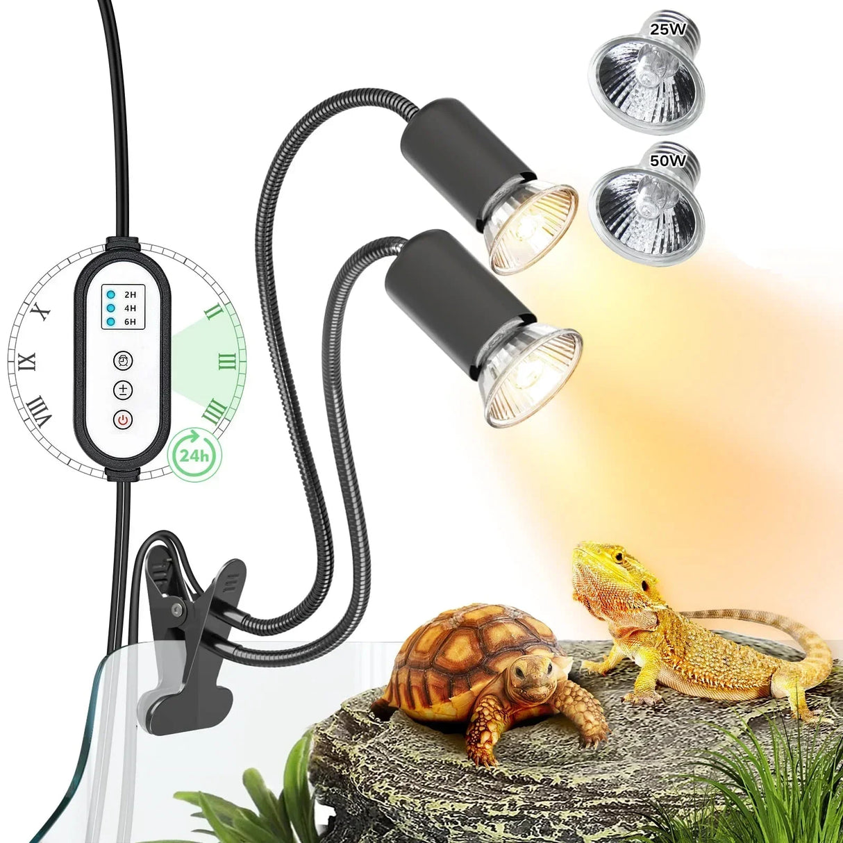 (Pack of 2) iGrowsla Dual-Head Reptile Heat Lamp Light with Timer 2/4/8H, 50W UVA/B Bulb Habitat and Clamp for Turtles, Lizard, Snake