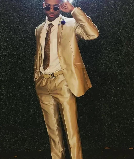 New Style Men Suits Gold Satin Groom Tuxedos Notch Lapel Groomsmen 2 Pieces Set Wedding (Jacket+Pants)2023