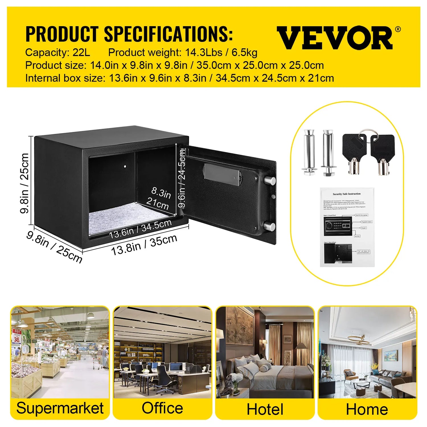 VEVOR Fingerprint Locks Safe Deposit Box 0.8/1.7/2.1 Cubic Feet Digital Electronic Secret Hidden Piggy Bank for Store Money Guns