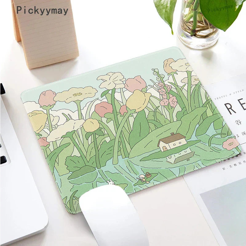 Small Mouse Pad Green Cute Flower Mousepad Kawaii Cat And Rabbit Cartoon Laptop Rug Keyboard Table Mat Deskpads Pc Mausepad 2mm