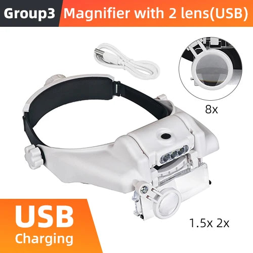 LED Headband Magnifier Hands Free Magnifying Glasses For Jewelry Loupe Watch Electronic Repair 1.5x2x2.5x3x3.5x8x Lens Loupe