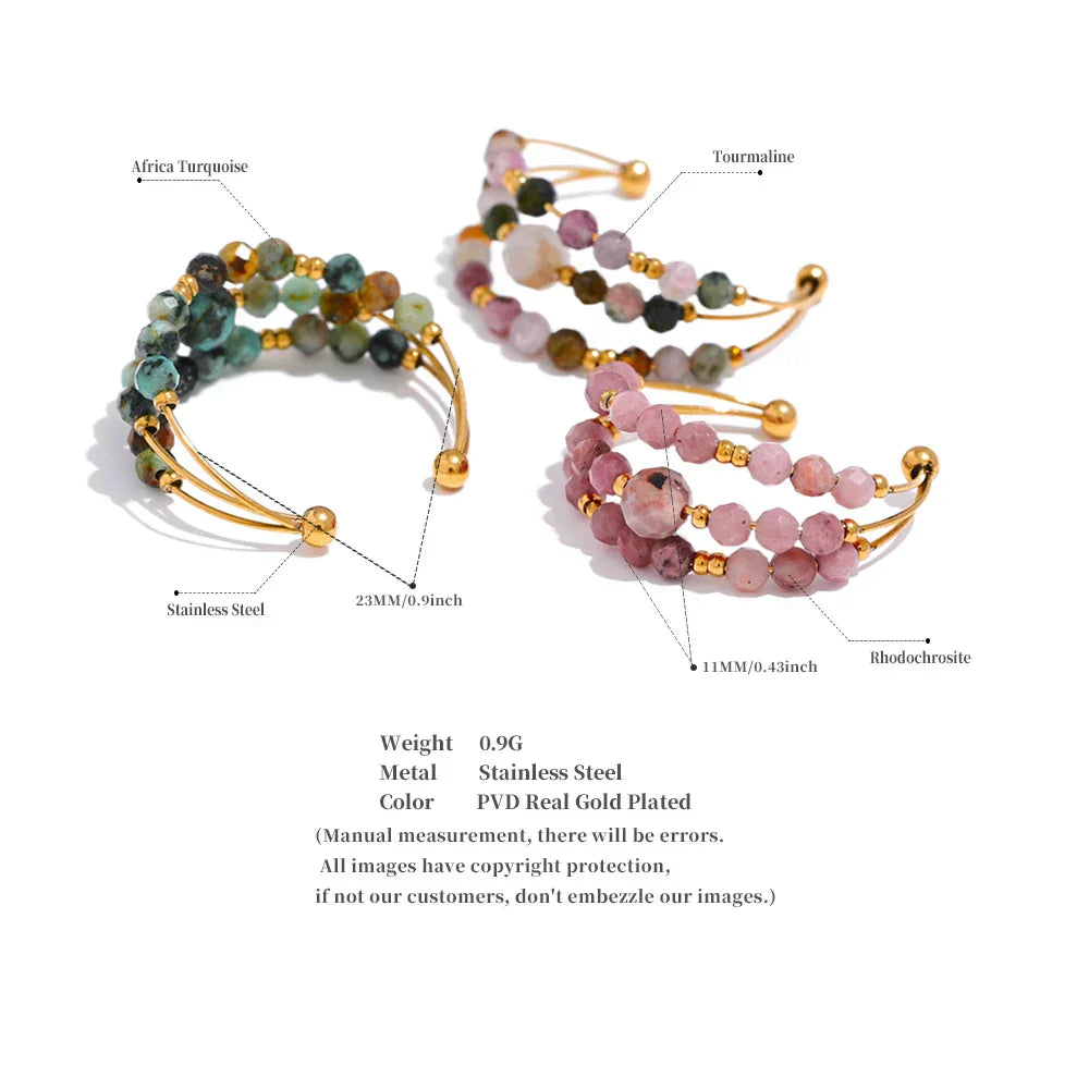 Yhpup Chic Multi-layer Handmade Stainless Steel Natural Stone Ring Waterproof Women Fashion Beads Jewelry Tourmaline Turquoise