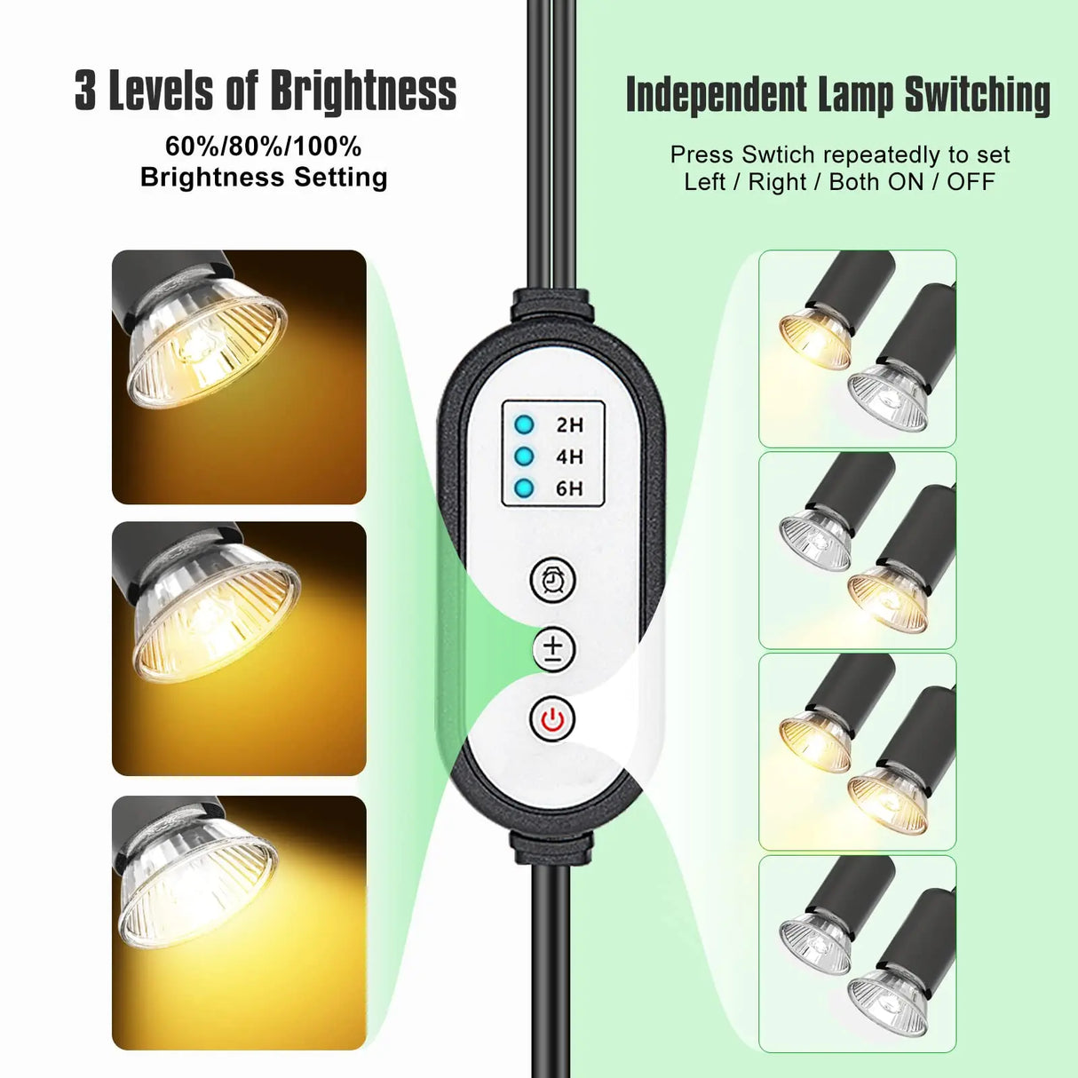 (Pack of 2) iGrowsla Dual-Head Reptile Heat Lamp Light with Timer 2/4/8H, 50W UVA/B Bulb Habitat and Clamp for Turtles, Lizard, Snake