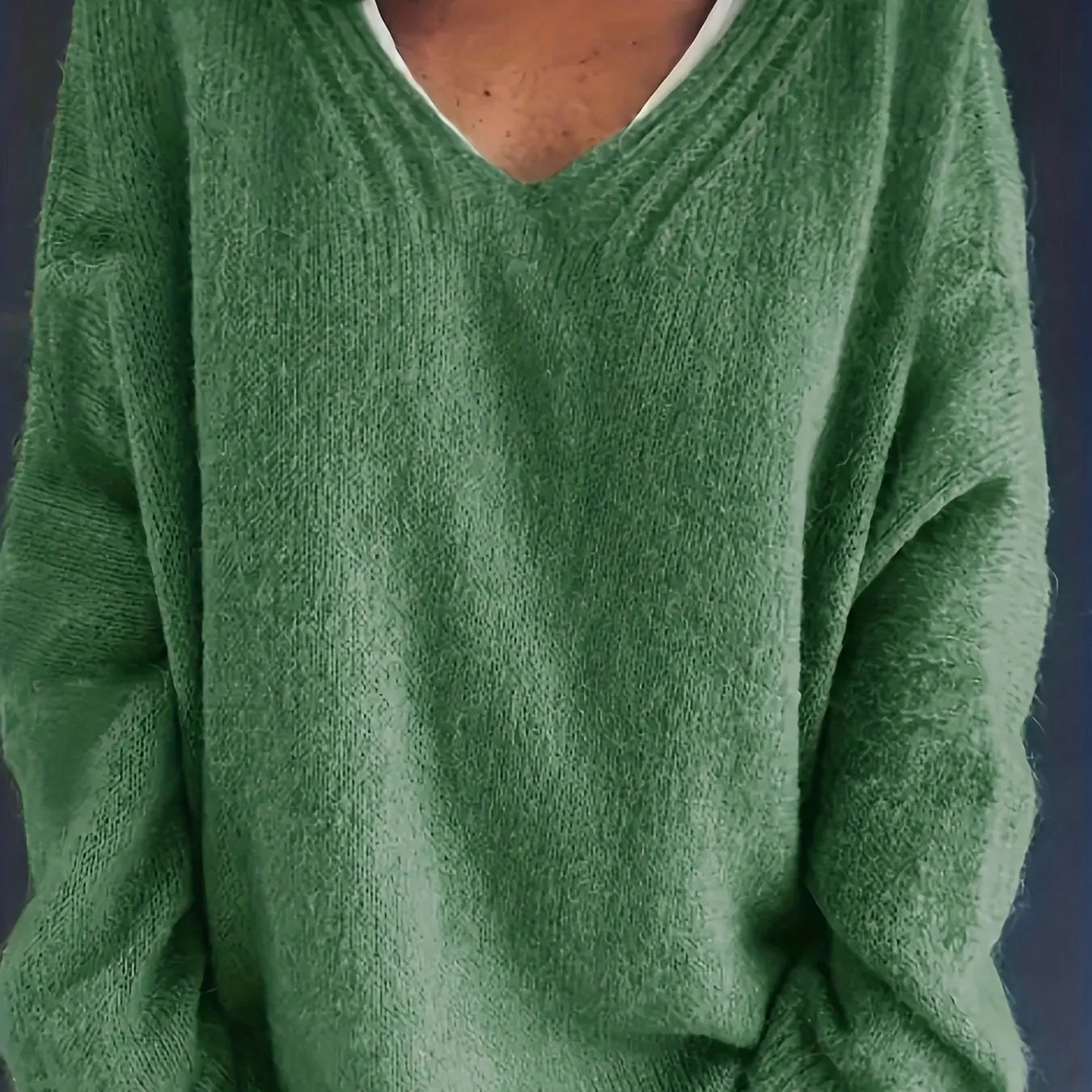 Plus Size Casual Sweater, Women's Solid Long Sleeve V Neck High Stretch Loose Fit Pullover Jumper,Autumn & Winter Tops