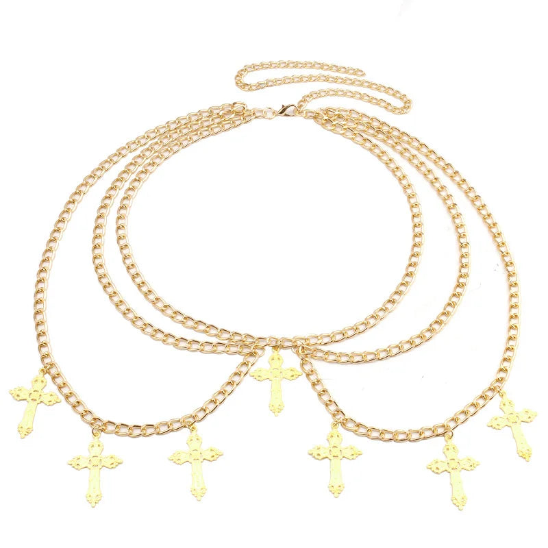 Alloy hollowed out cross pendant with wavy side swing waist chain and sexy multi-layer body chain