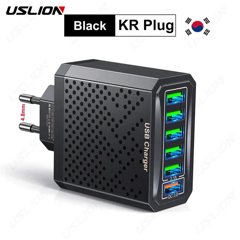 USLION 6 In 1 USB Charger QC3.0 Fast Charging Quick Charger QC3.0 For Samsung Xiaomi poco Mobile Phone Travel Adapter EU KR Plug