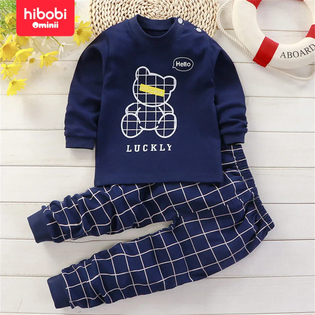 Hibobi 2-Pieces 100% Cotton Toddler Boys Cartoon Bear Print Long Sleeve Top And Matching Pants Comfortable Boys Loungewear Set