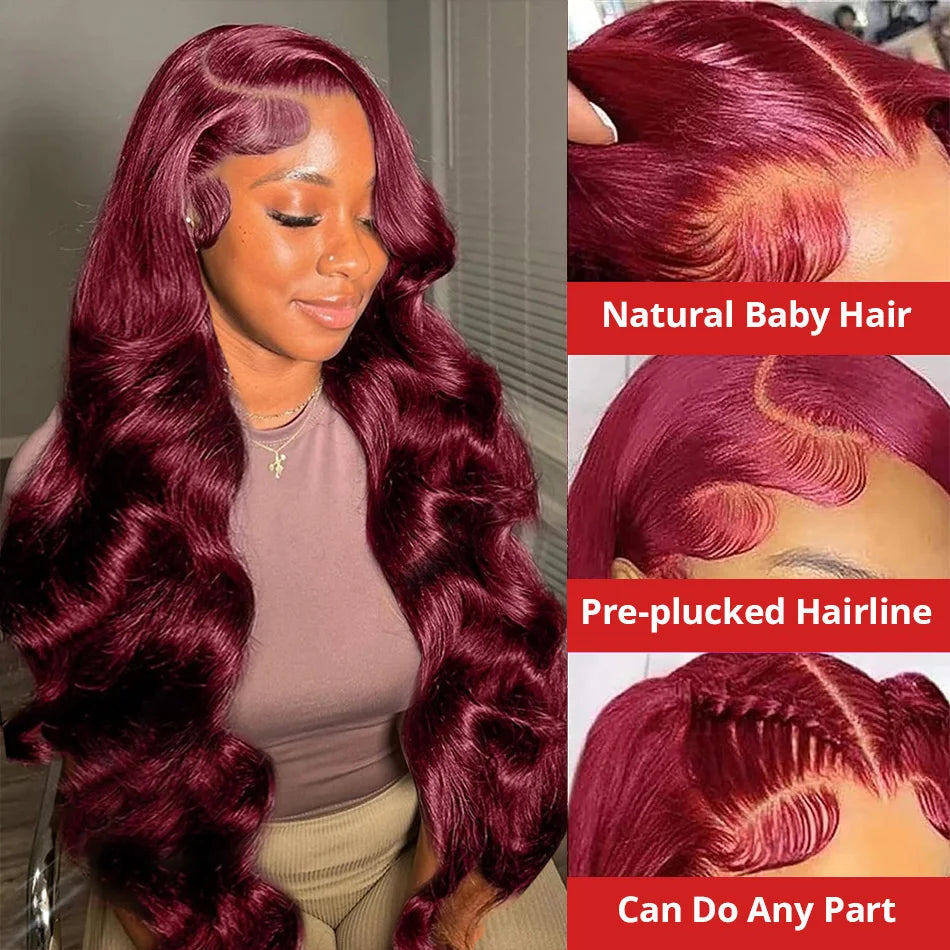Tewjig 250 Density 99J Burgundy 13x6 Lace Frontal Wigs Remy Body Wave 30 40 Inch HD Transparent Human Hair Wigs For Women