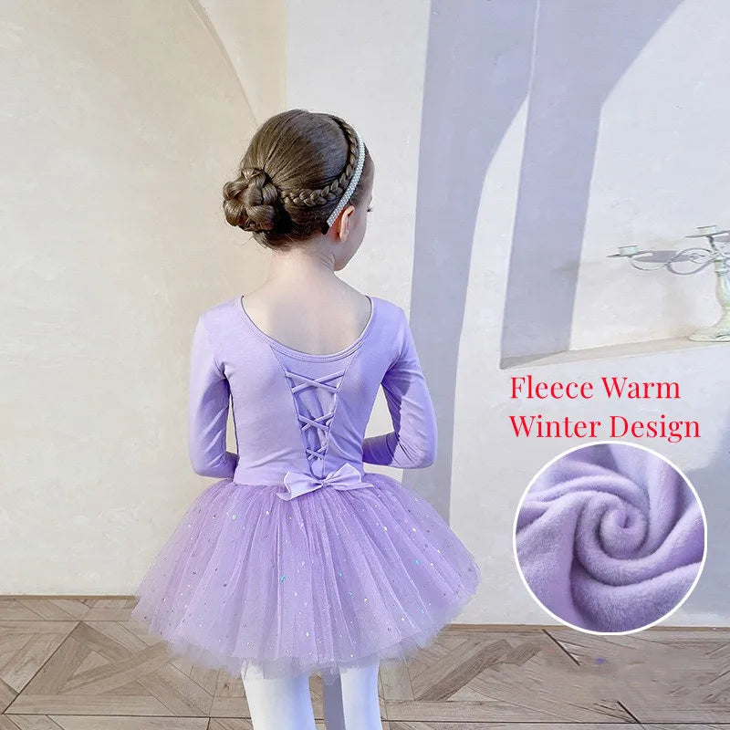 Sequin Gauze Skirt Children Dance Clothes Girls Ballet Dress Kids Training Leotard Stage Costume Bow Back Long Sleeve PurplePink