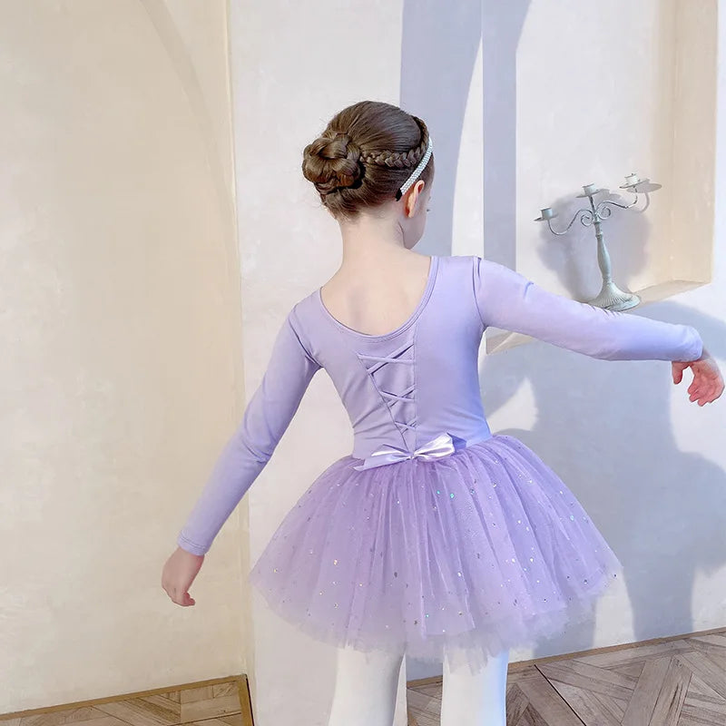 Sequin Gauze Skirt Children Dance Clothes Girls Ballet Dress Kids Training Leotard Stage Costume Bow Back Long Sleeve PurplePink