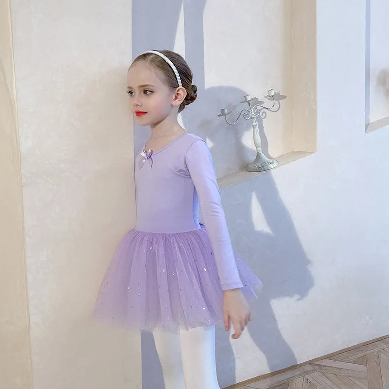 Sequin Gauze Skirt Children Dance Clothes Girls Ballet Dress Kids Training Leotard Stage Costume Bow Back Long Sleeve PurplePink