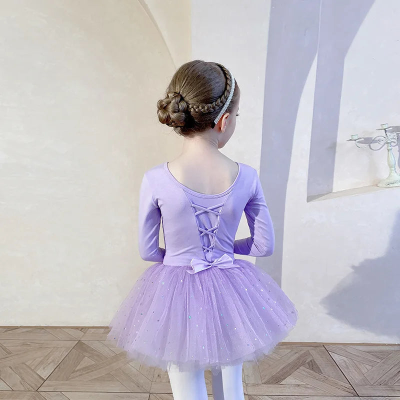 Sequin Gauze Skirt Children Dance Clothes Girls Ballet Dress Kids Training Leotard Stage Costume Bow Back Long Sleeve PurplePink