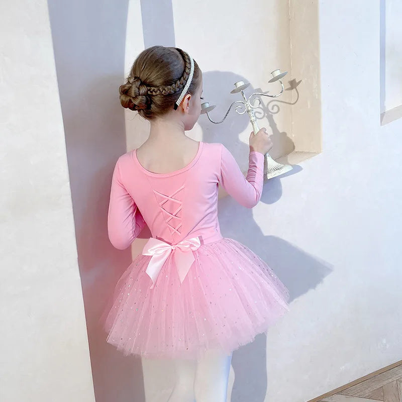 Sequin Gauze Skirt Children Dance Clothes Girls Ballet Dress Kids Training Leotard Stage Costume Bow Back Long Sleeve PurplePink