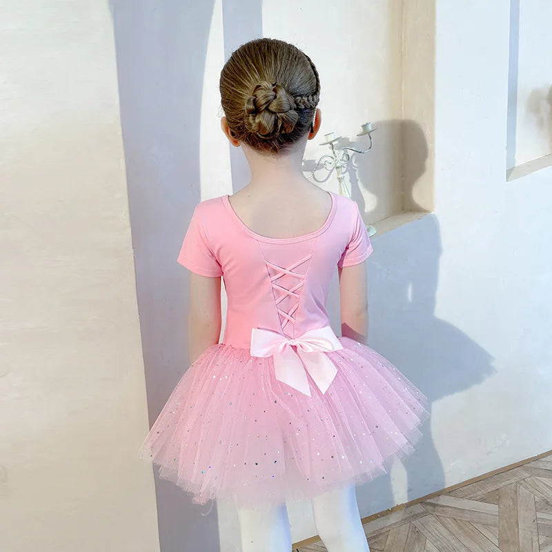 Sequin Gauze Skirt Children Dance Clothes Girls Ballet Dress Kids Training Leotard Stage Costume Bow Back Long Sleeve PurplePink