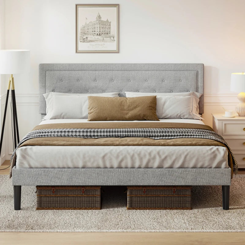 Light Grey Bed Frame with Adjustable Border Headboard King/Queen/Full Size,Bedroom double bed, adult and adolescent bed