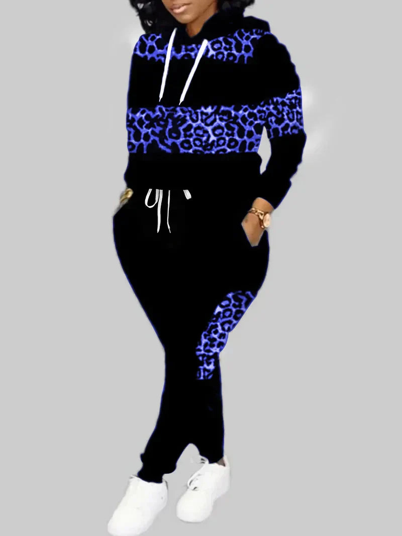 LW Plus Size Autumn Women Long Sleeves Two Pieces Hooded Collar Leopard Print Tracksuit Set Sweatshirts Pullover Hoodies Pant